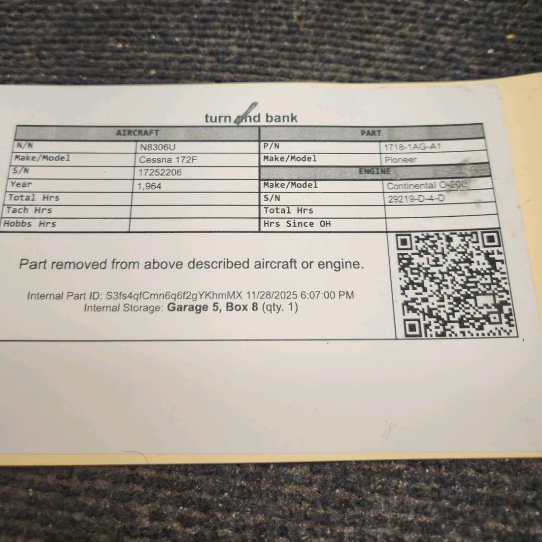 Used aircraft parts for sale, 1718-1AG-A1 Pioneer Cessna 172F Turn and Bank Indicator