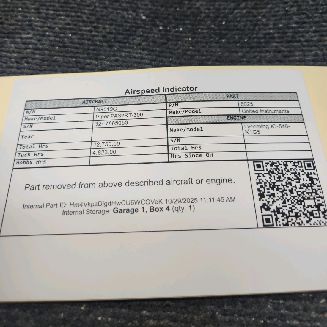 Used aircraft parts for sale, 8025 United Instruments Piper PA32RT-300 Airspeed Indicator