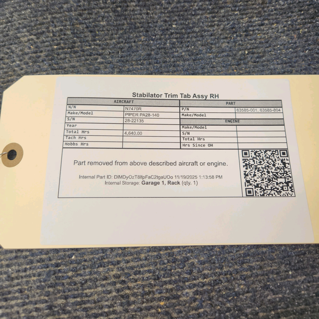 Used aircraft parts for sale, 63585-001 Piper PA28-140 Stabilator Trim Tab Assy - RH