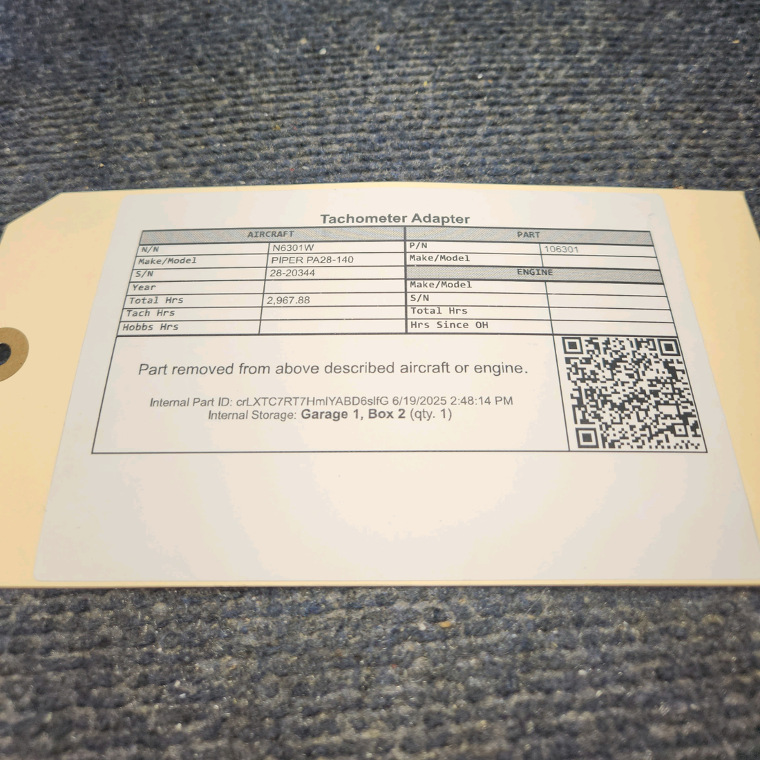 Used aircraft parts for sale, 106301 PIPER PA28-140 Tachometer Adapter