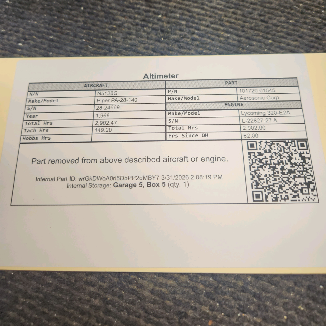 Used aircraft parts for sale, 101720-01545 Aerosonic Corp Piper PA-28-140 Altimeter