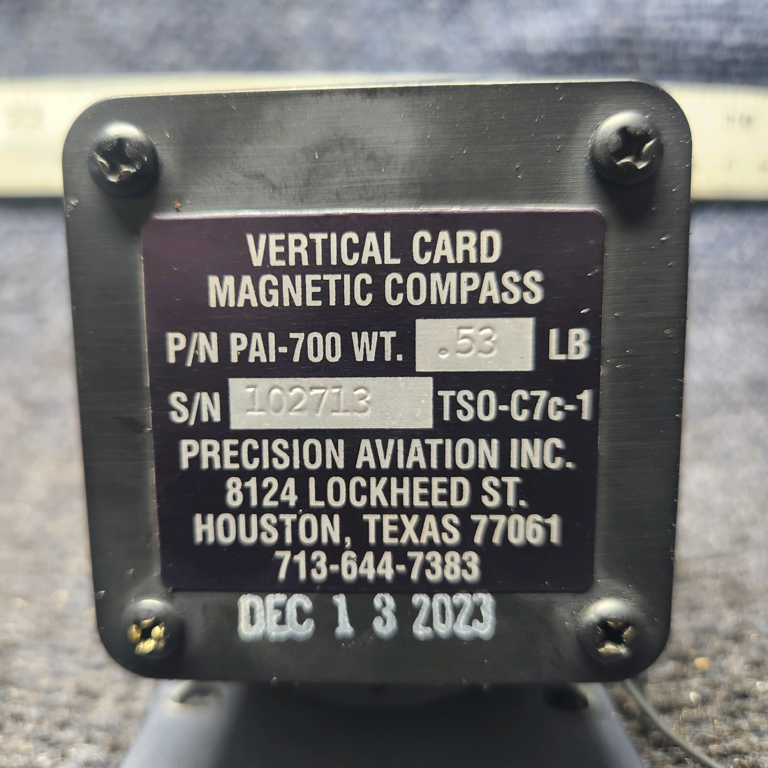 Used aircraft parts for sale, PAI-700 Precision Aviation, Inc Cessna 172 Vertical Card Magnetic Compass 14V Light Low on Fluid