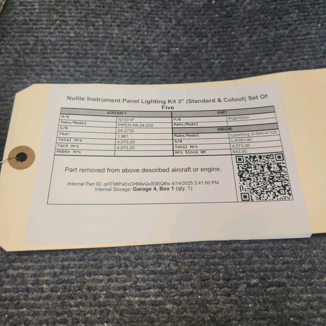 Used aircraft parts for sale, PQ876SW PIPER PA-24-250 Nulite Instrument Panel Lighting Kit 3" (Standard & Cutout) Set Of Five