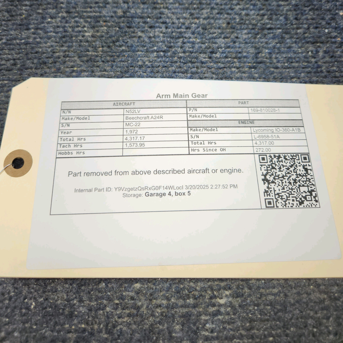 Used aircraft parts for sale, 169-810028-1 Beechcraft A24R Arm Main Gear