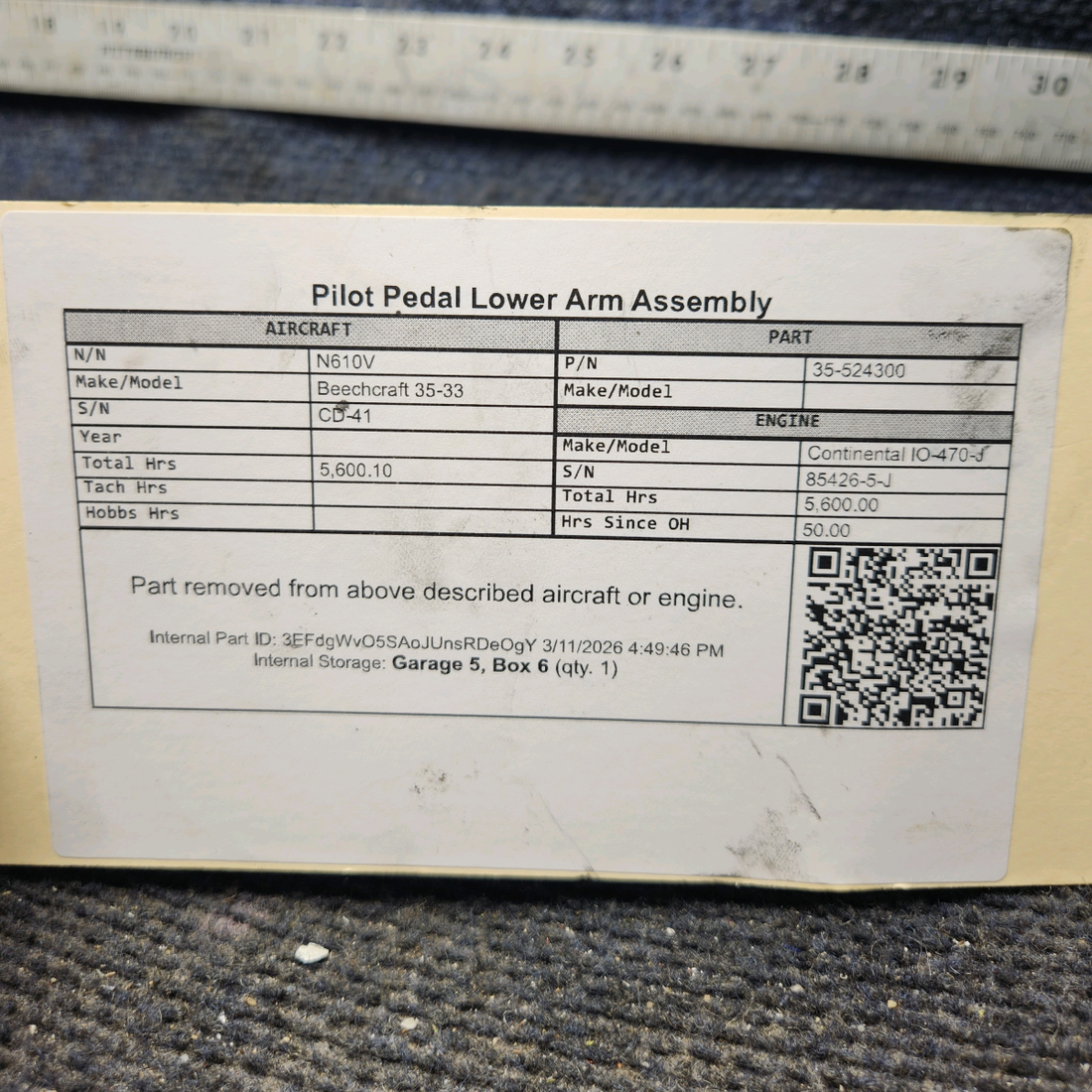 Used aircraft parts for sale, 35-524300 Beechcraft 35-33 Pilot Pedal Lower Arm Assembly