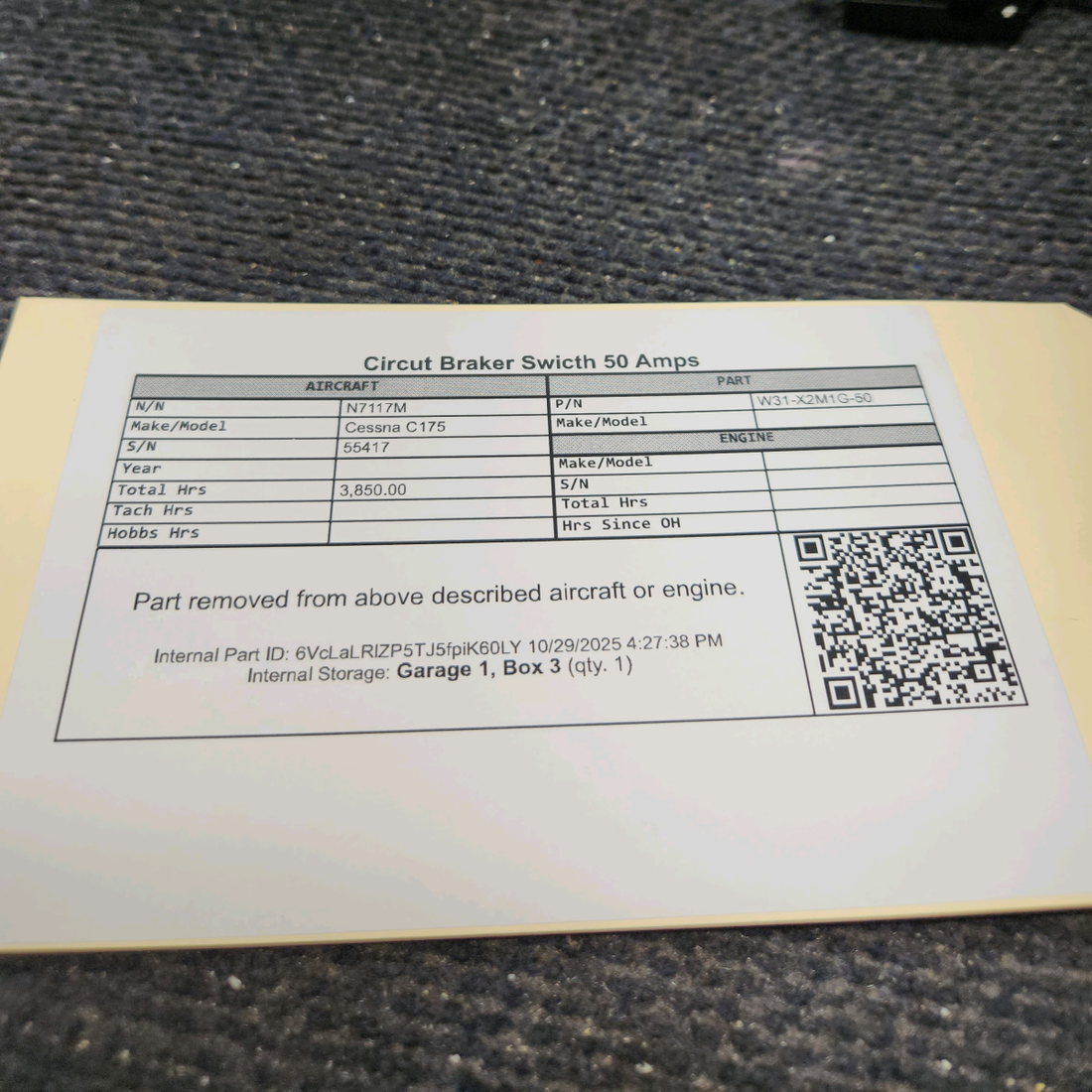 Used aircraft parts for sale, W31-X2M1G-50 Cessna C175 Circuit Breaker Switch – 50 Amps