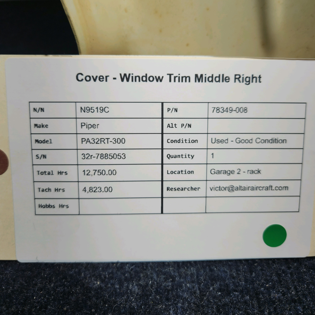 Used aircraft parts for sale, 78349-008 Piper PA32RT-300 COVER - WINDOW TRIM MIDDLE RIGHT