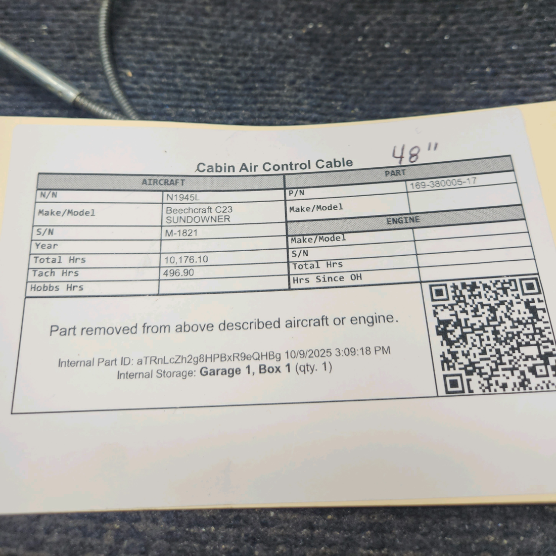 Used aircraft parts for sale, 169-380005-17 Beechcraft C23 SUNDOWNER Cabin Air Control Cable - 48"