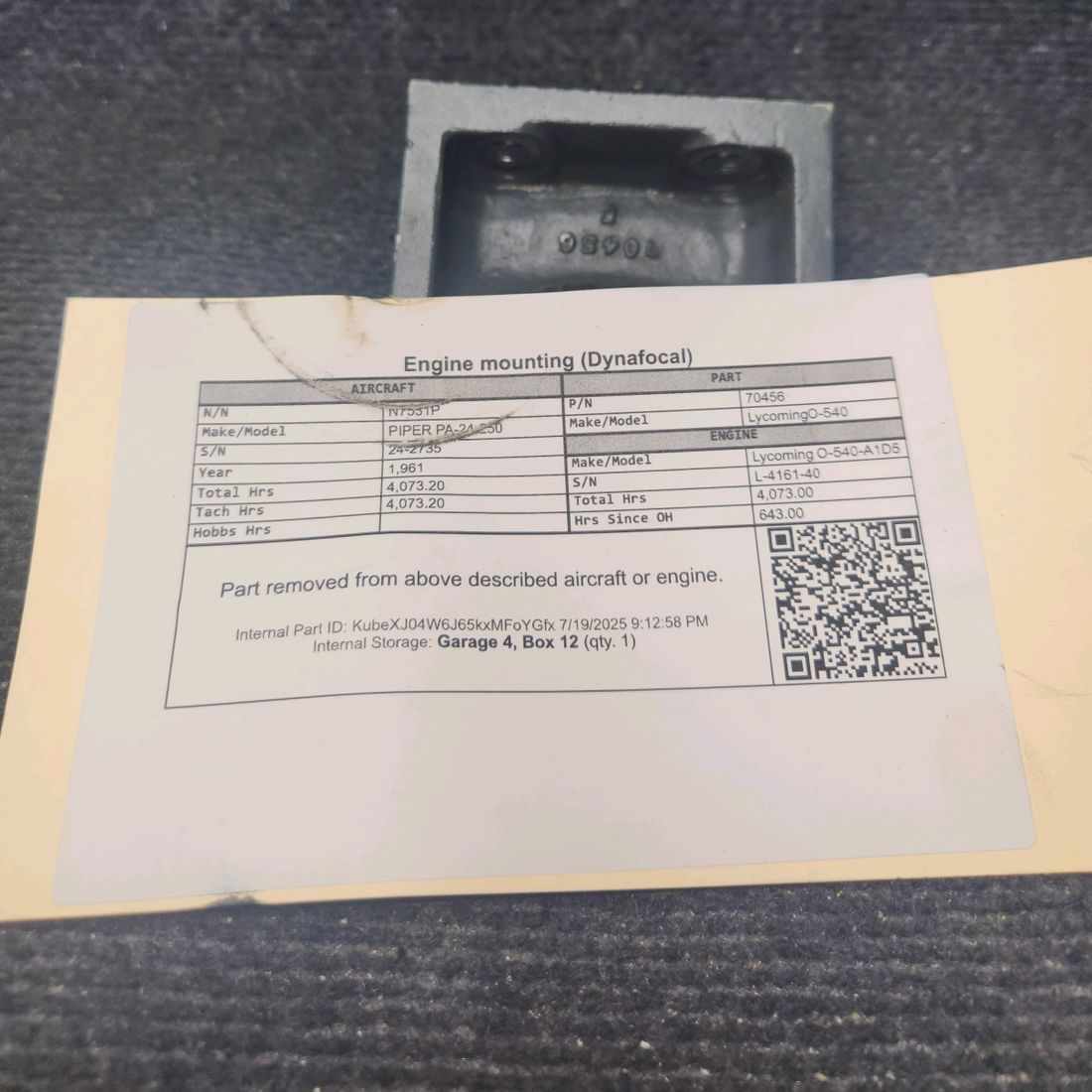Used aircraft parts for sale, 70456 Lycoming O-540 PIPER PA-24-250 Engine Mounting – Dynafocal Type