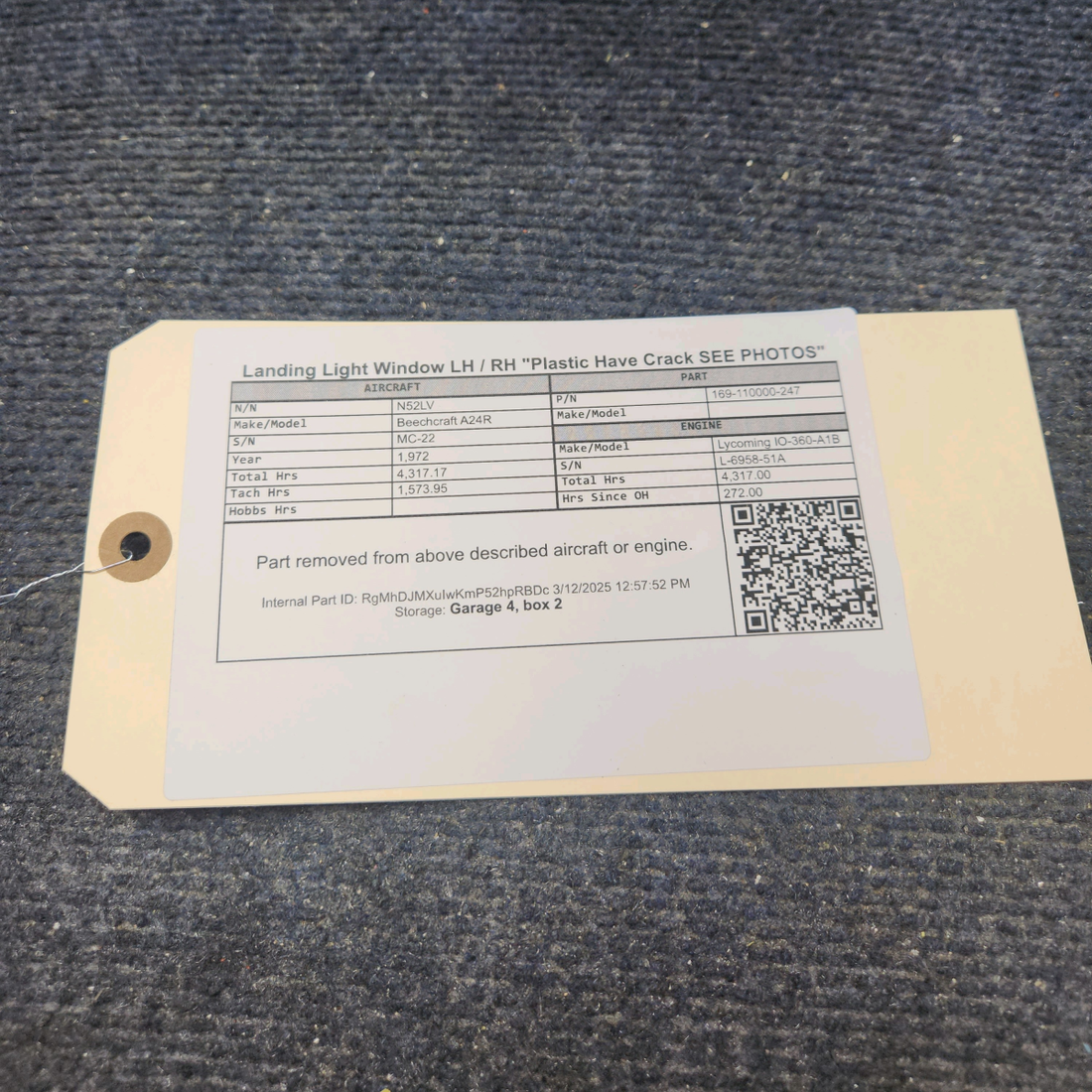 Used aircraft parts for sale, 169-110000-247 Beechcraft A24R Landing Light Window LH / RH "Plastic Have Crack SEE PHOTOS"