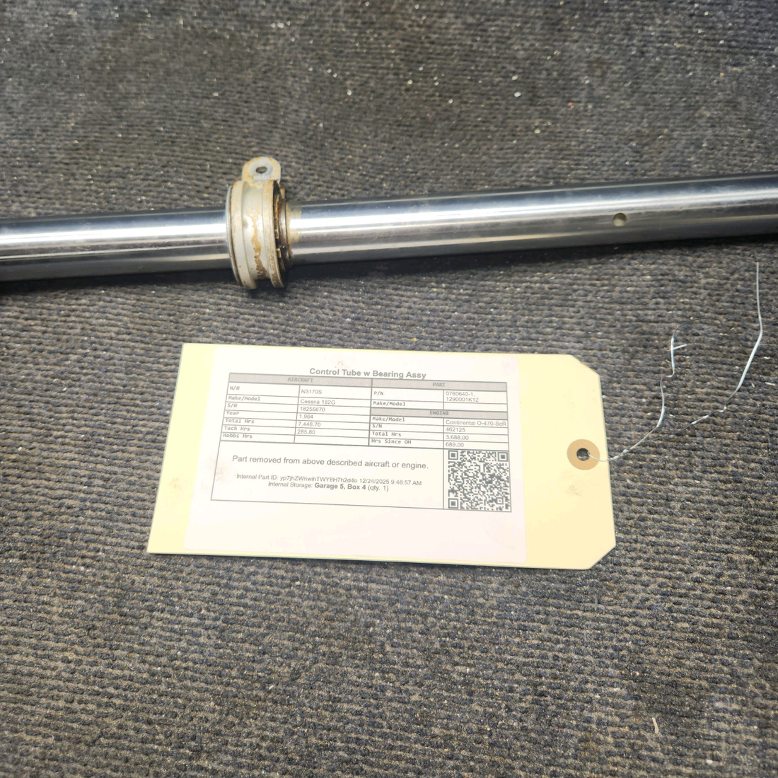 Used aircraft parts for sale, 0760640-1 Cessna 182G Control Tube w Bearing Assy