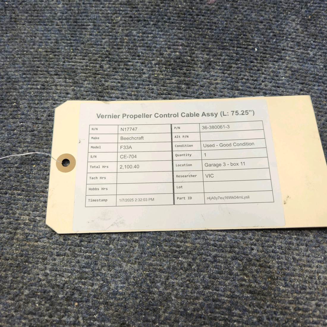 Used aircraft parts for sale, 36-380061-3 Beechcraft F33A VERNIER PROPELLER CONTROL CABLE ASSY (L: 75.25”)