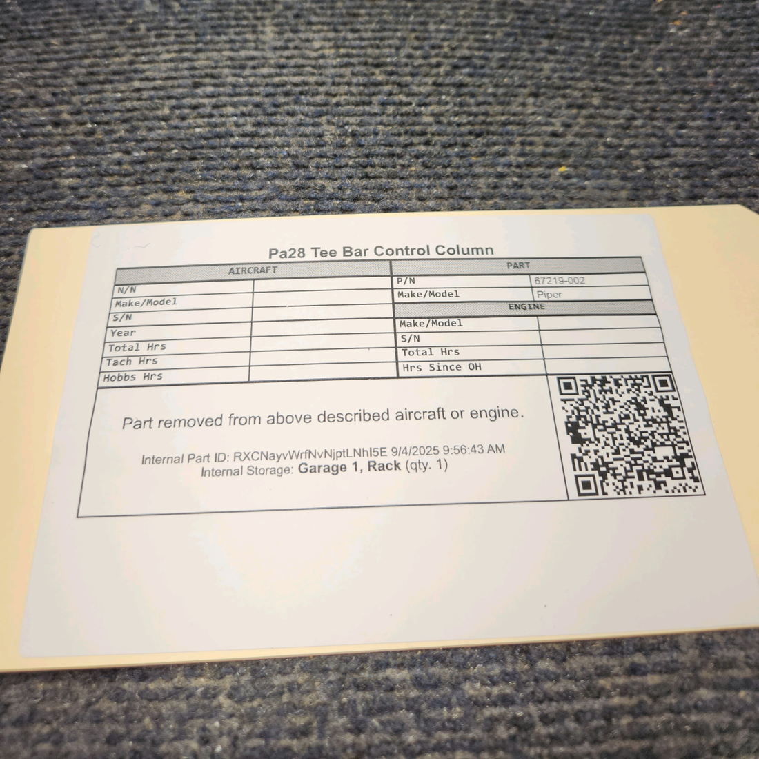 Used aircraft parts for sale, 67219-002 Piper PA28RT-200 Tee Bar Control Column