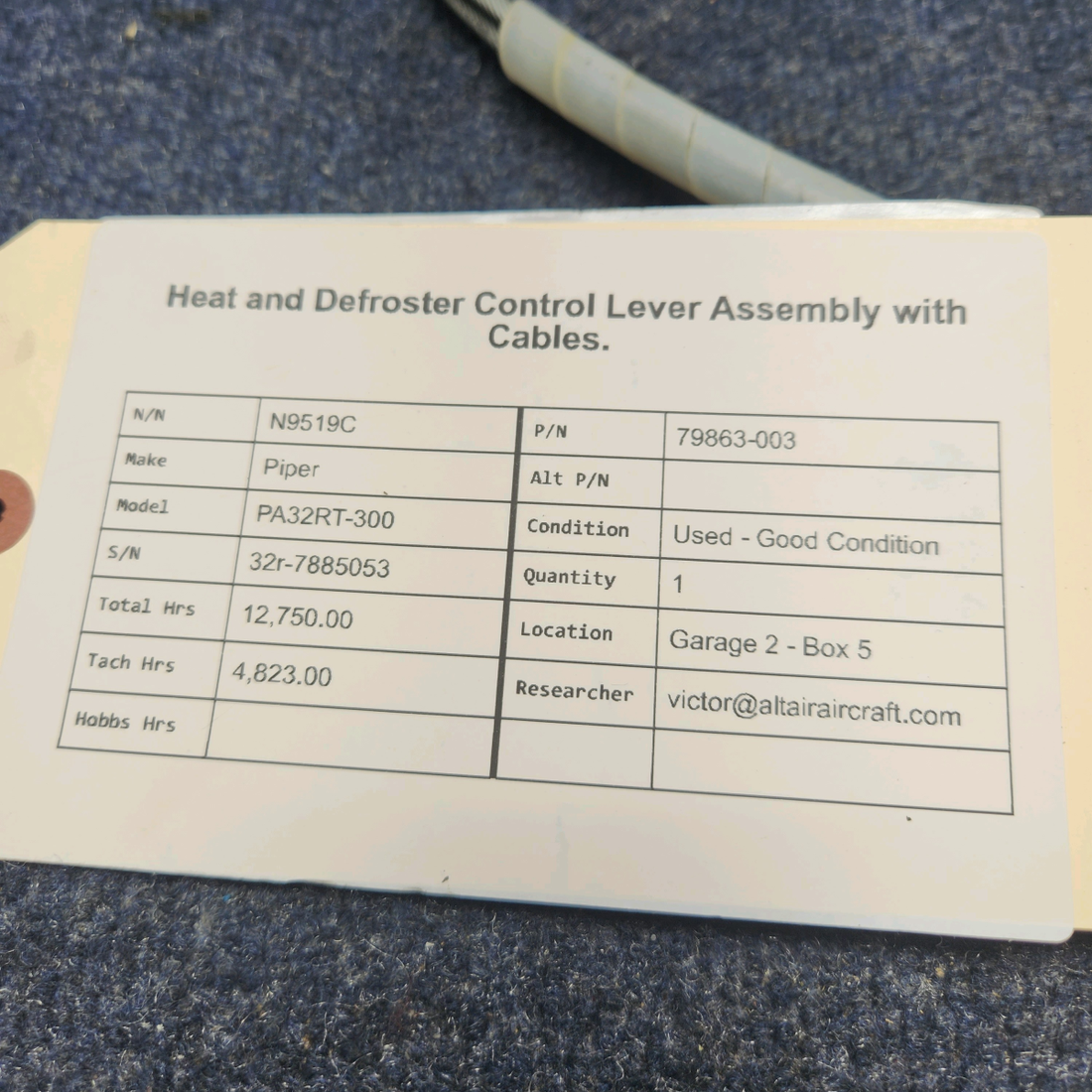 Used aircraft parts for sale, 79863-003 Piper PA32RT-300 HEAT AND DEFROSTER CONTROL LEVER ASSEMBLY WITH CABLES.
