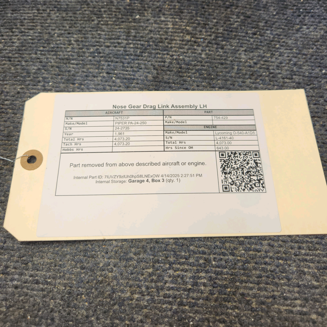 Used aircraft parts for sale, 754-429 PIPER PA-24-250 Nose Gear Drag Link Assembly LH