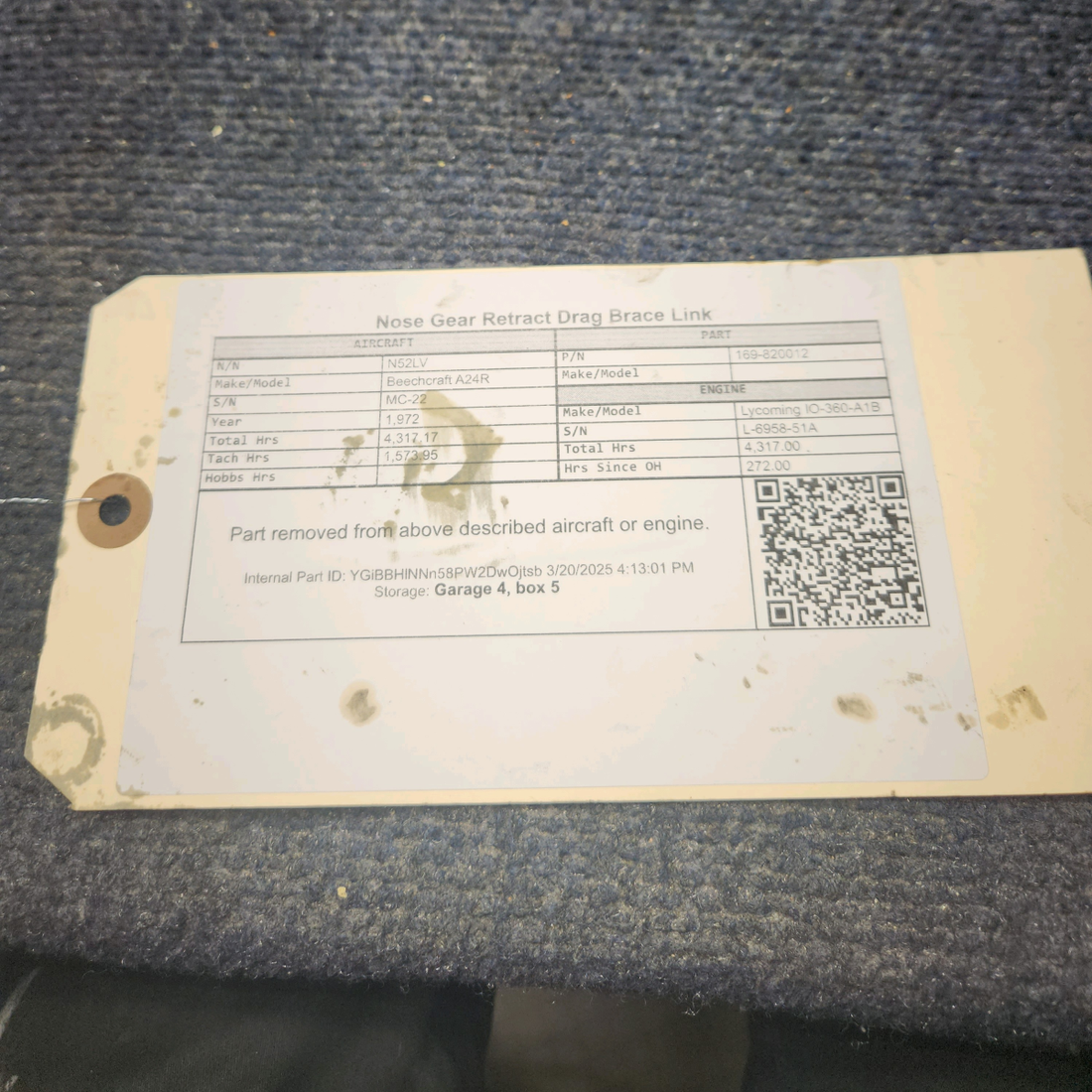 Used aircraft parts for sale, 169-820012 Beechcraft A24R Nose Gear Retract Drag Brace Link