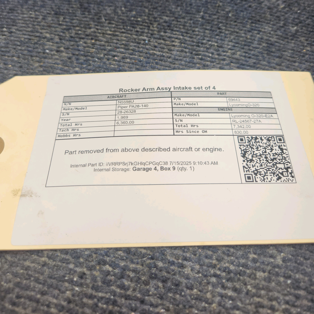 Used aircraft parts for sale, 69443 Lycoming O-320 Piper PA28-140 Rocker Arm Assembly, Intake – Set of 4