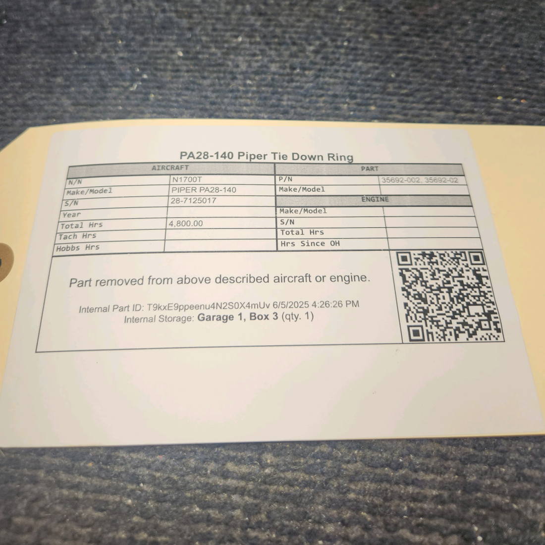 Used aircraft parts for sale, 35692-002 PIPER PA28-140 Tie Down Ring