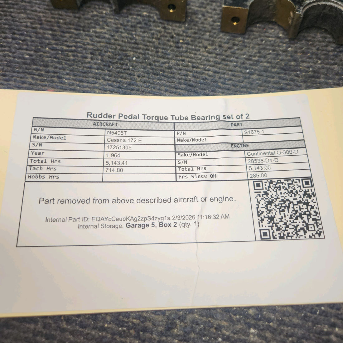 Used aircraft parts for sale, S1675-1 Cessna 172E Rudder Pedal Torque Tube Bearing, Set of 2