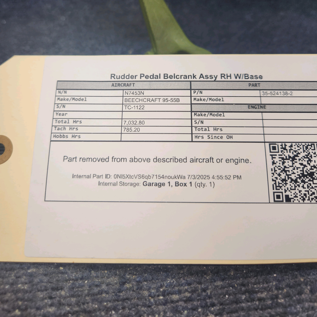 Used aircraft parts for sale, 35-524138-2 BEECHCRAFT 95-55B Rudder Pedal Bellcrank Assy  w/Base - RH