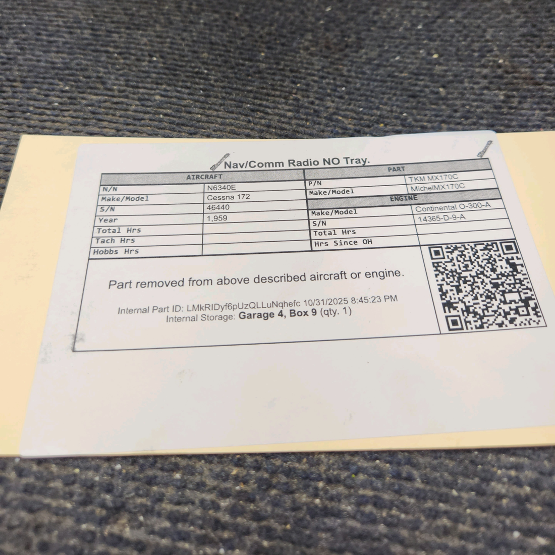 Used aircraft parts for sale, TKM MX170C Michel MX170C Cessna 172 Nav/Comm Radio - NO Tray