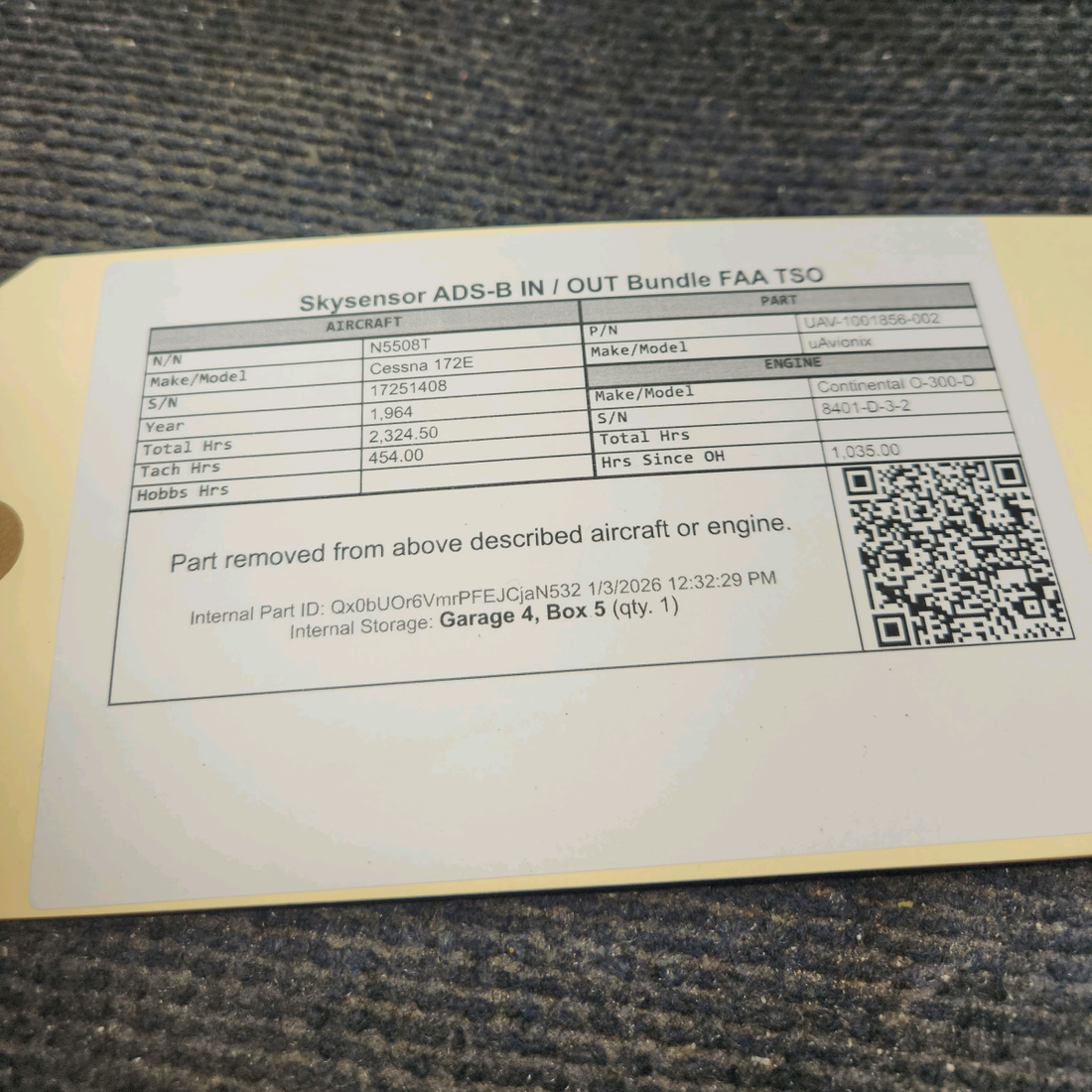 Used aircraft parts for sale, UAV-1001856-002 uAvionix Cessna 172E Skysensor ADS-B IN / OUT Bundle FAA TSO