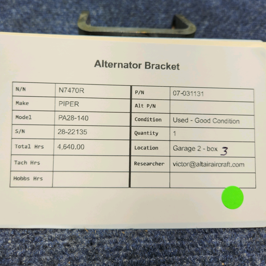 Used aircraft parts for sale, 07-031131 PIPER PA28-140 ALTERNATOR BRACKET