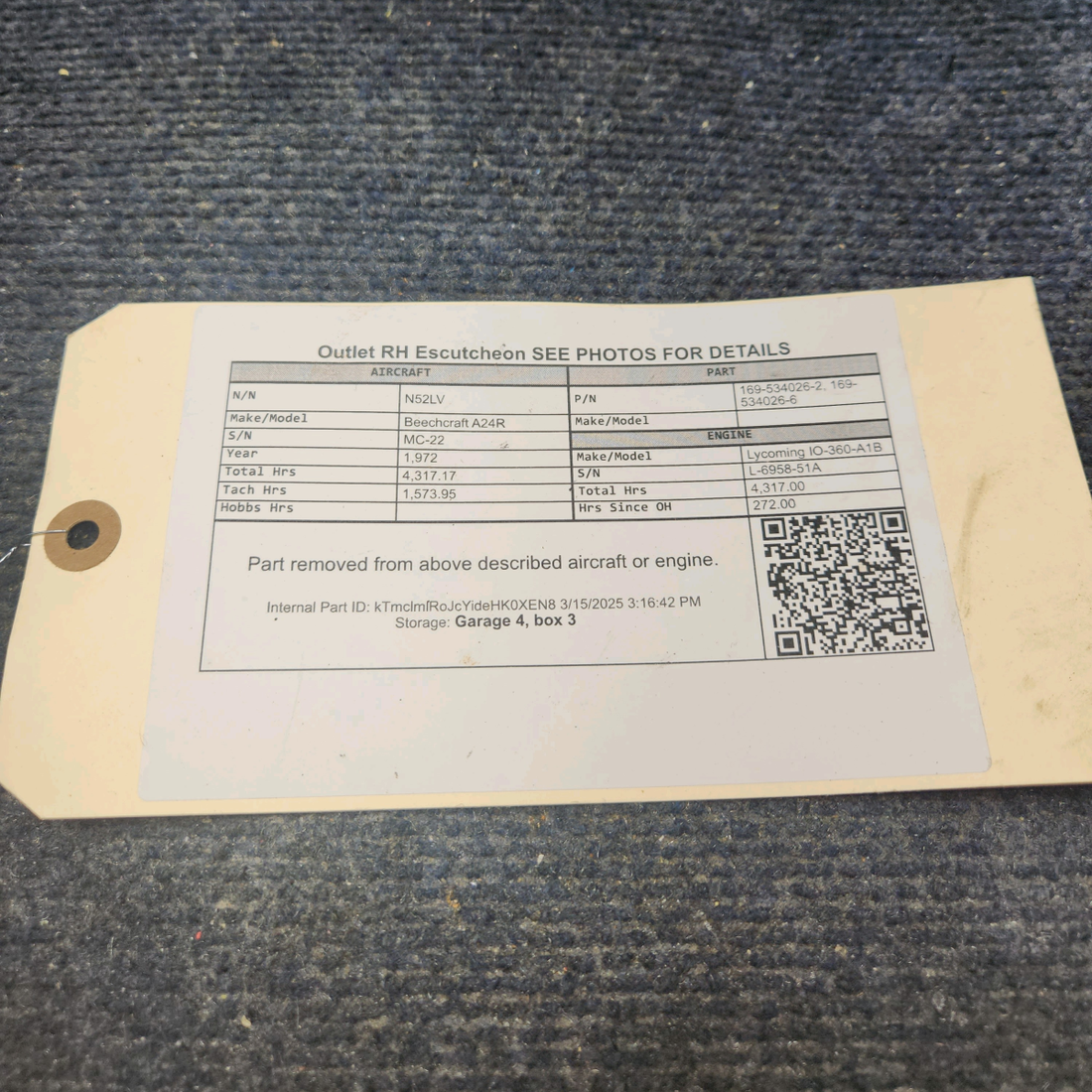 Used aircraft parts for sale, 169-534026-2 Beechcraft A24R Outlet RH Escutcheon SEE PHOTOS FOR DETAILS