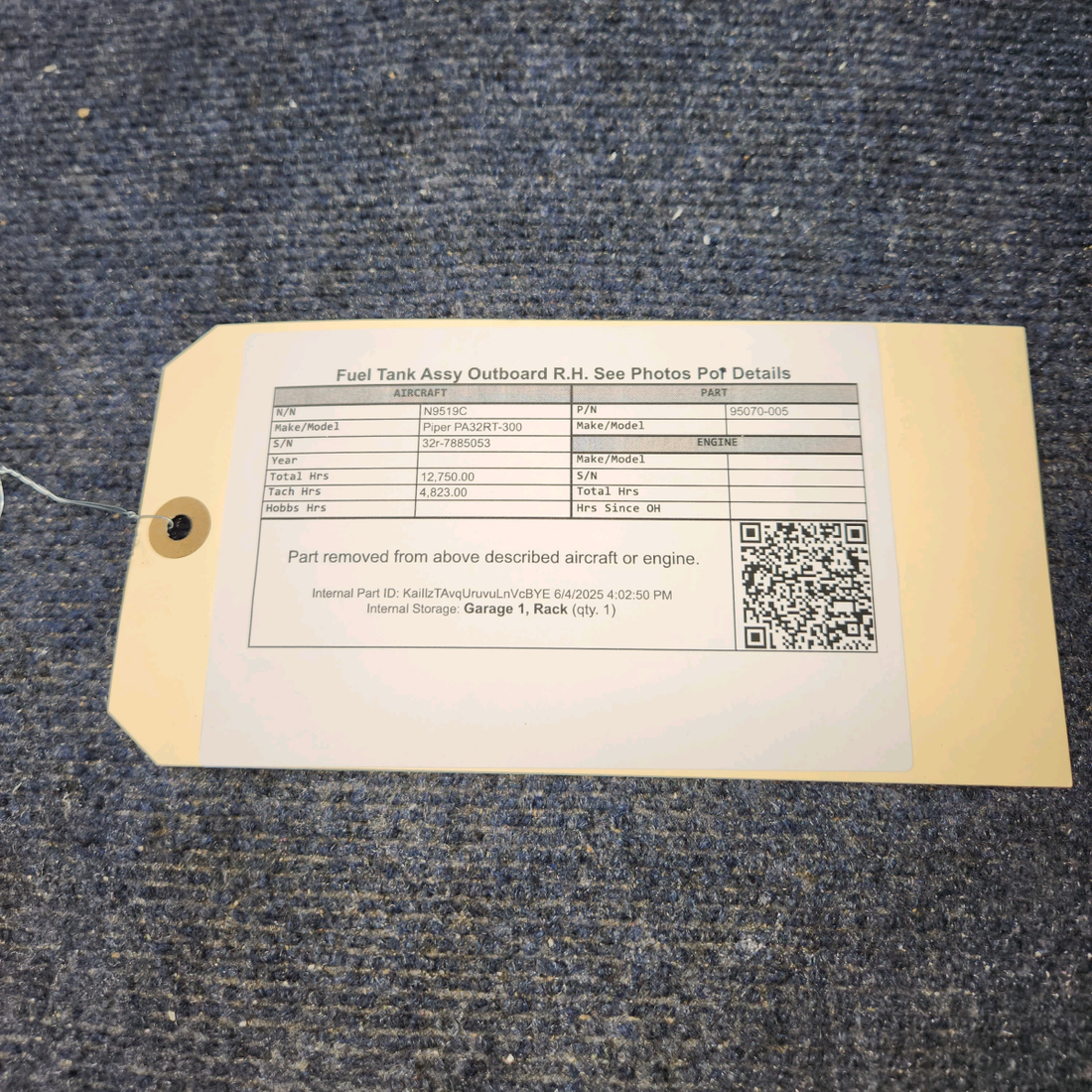 Used aircraft parts for sale, 95070-004 Piper PA32RT-300 Fuel Tank Assy Outboard- LH - See Photos Por Details