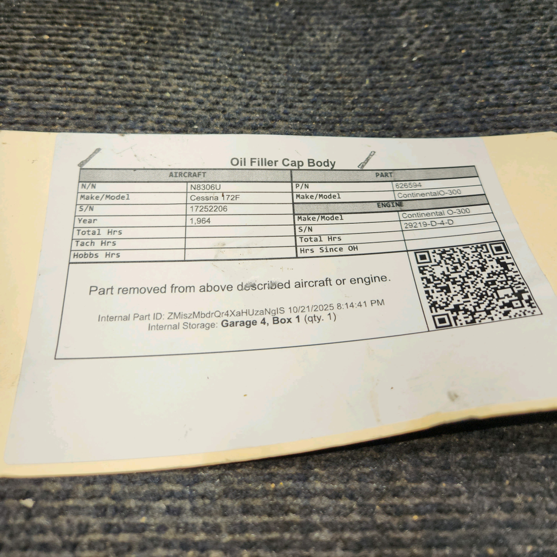 Used aircraft parts for sale, 626594 Continental O-300-D Cessna 172F Oil Filler Cap Body