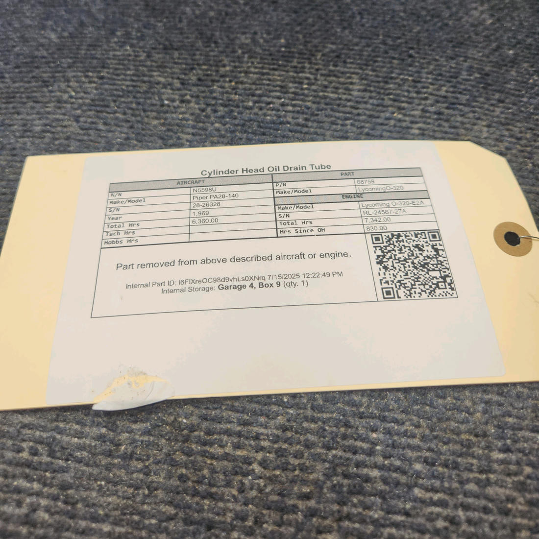 Used aircraft parts for sale, 68759 Lycoming O-320 Piper PA28-140 Cylinder Head Oil Drain Tube