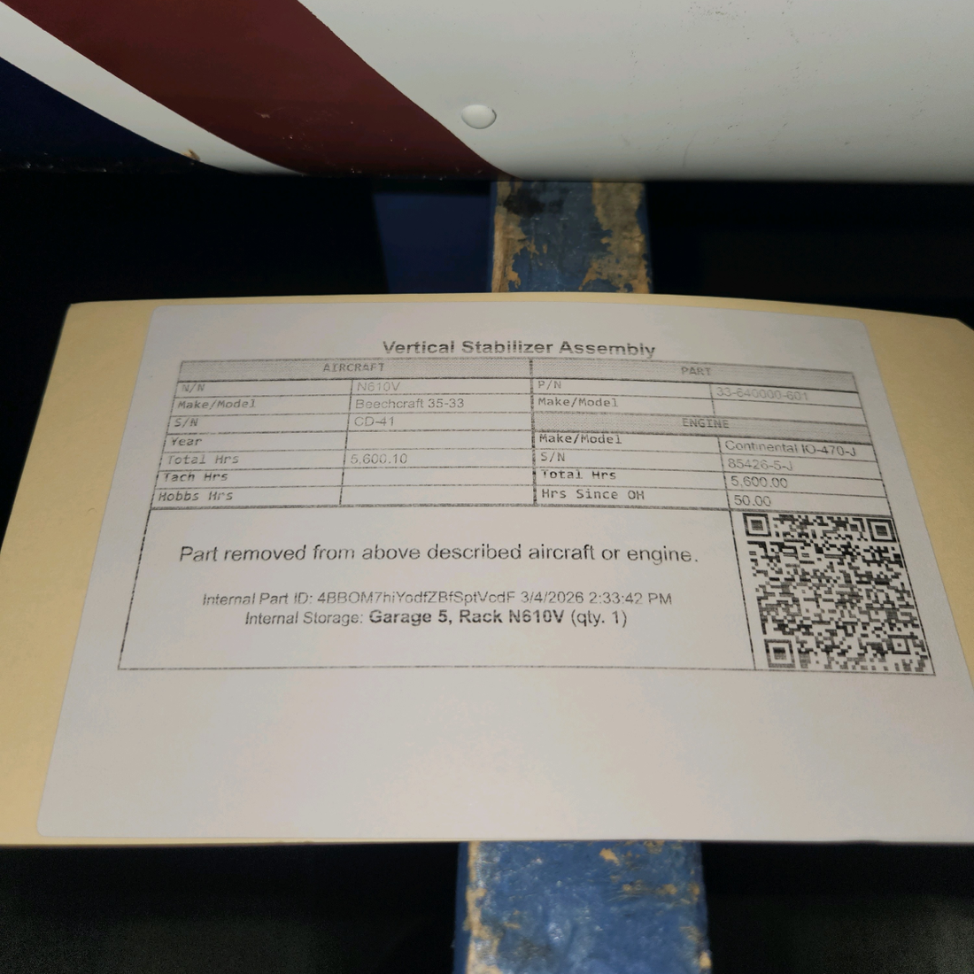 Used aircraft parts for sale, 33-640000-601 Beechcraft 35-33 Vertical Stabilizer Assembly