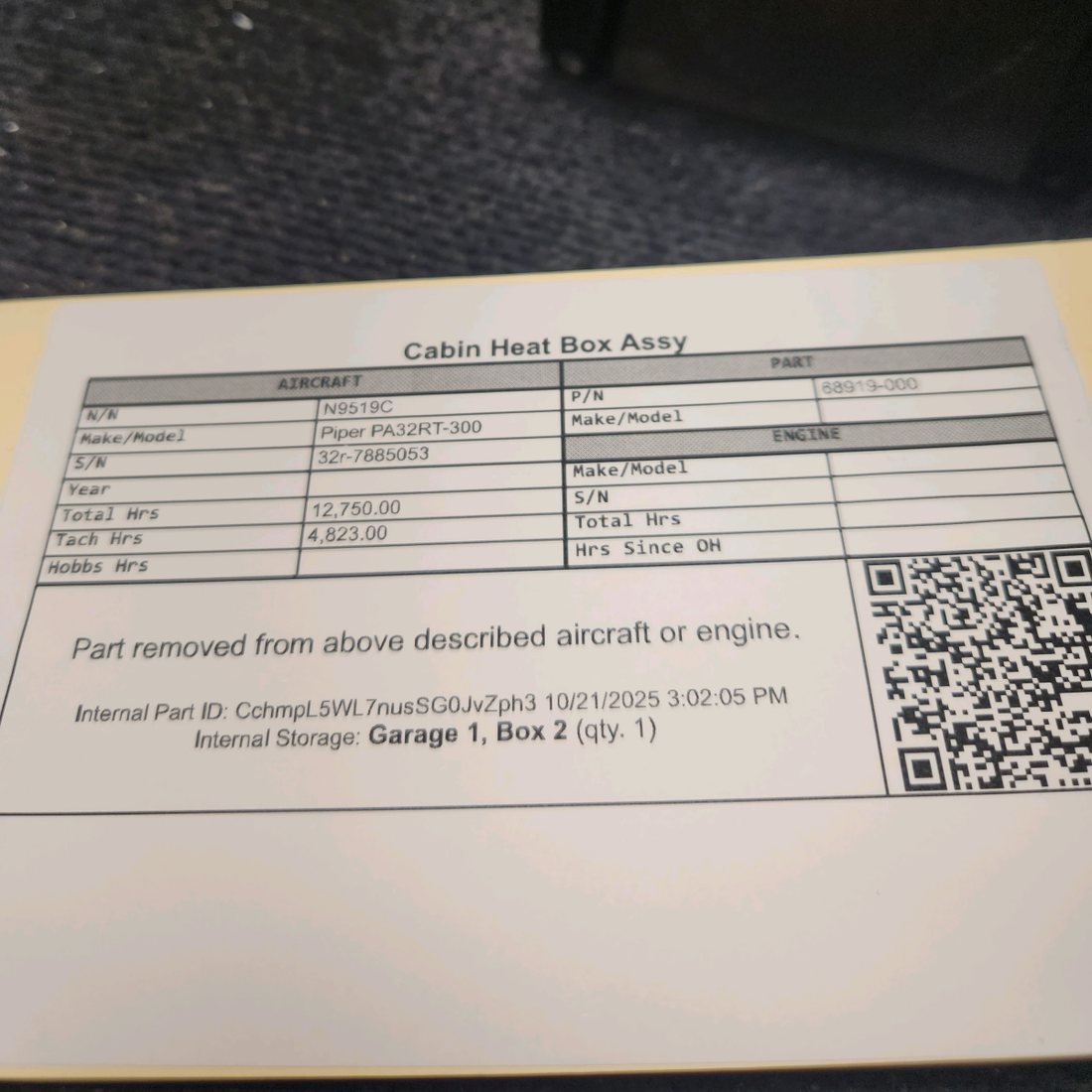 Used aircraft parts for sale, 68919-000 Piper PA32RT-300 Cabin Heat Box Assy