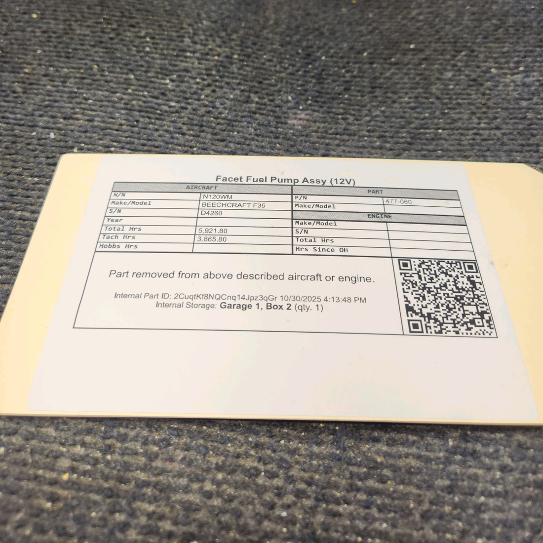 Used aircraft parts for sale, 477-060 Facet BEECHCRAFT F35 Fuel Pump Assy (12V)