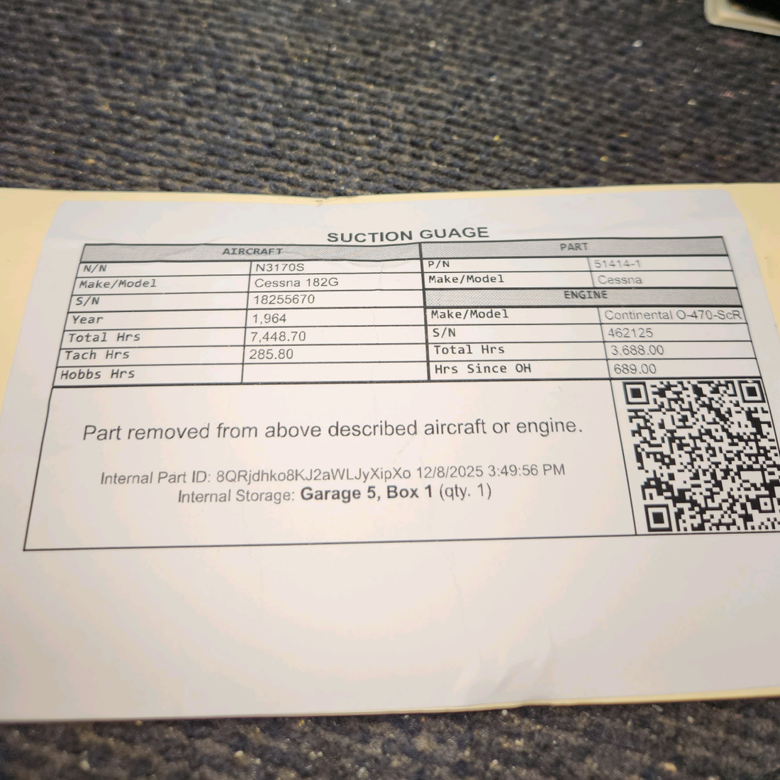 Used aircraft parts for sale, 51414-1 Cessna Cessna 182G Suction Gauge