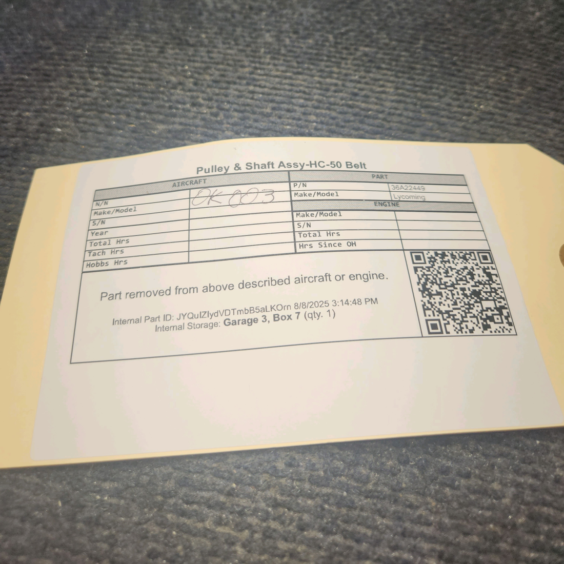 Used aircraft parts for sale, 36A22449 Lycoming Pulley & Shaft Assy-HC-50 Belt