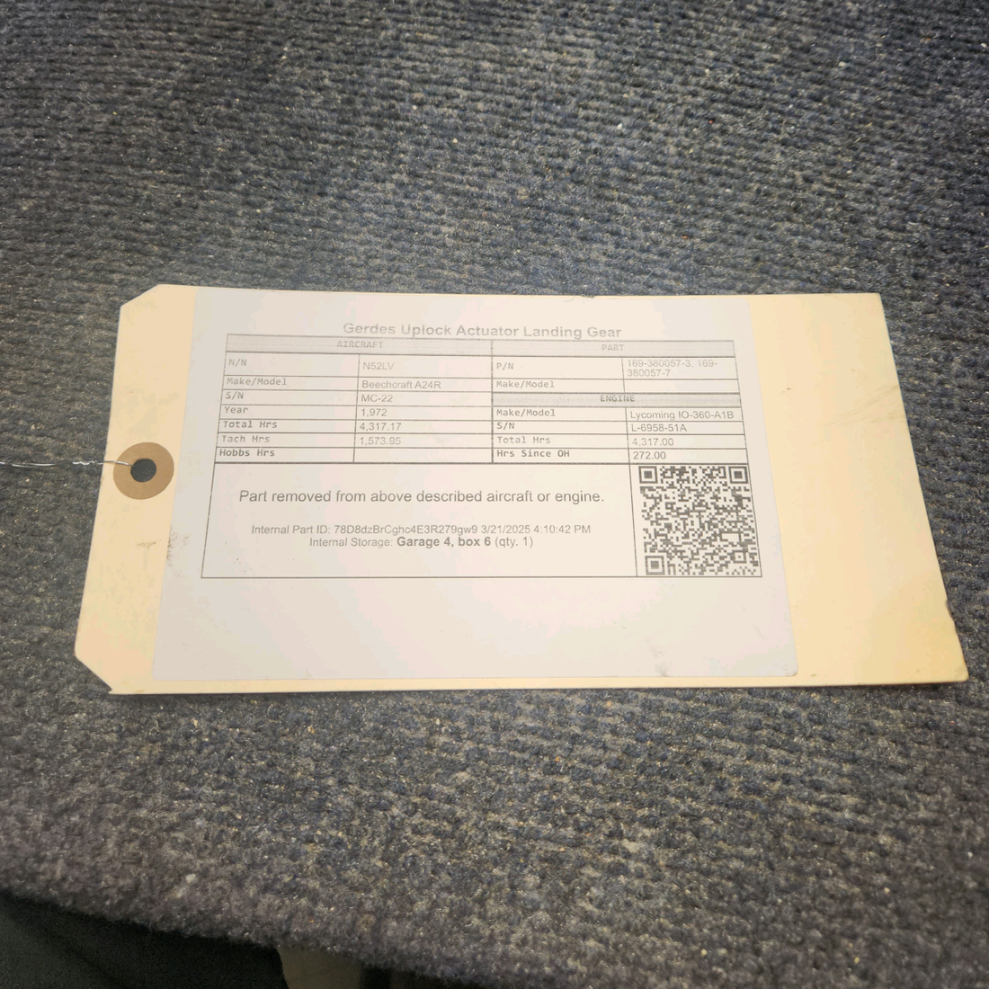 Used aircraft parts for sale, 169-380057-3 Beechcraft A24R Gerdes Uplock Actuator Landing Gear