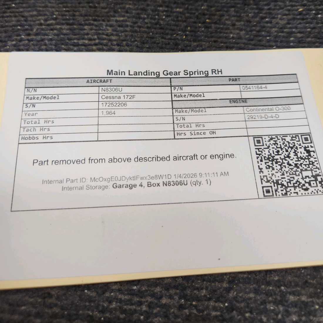 Used aircraft parts for sale, 0541164-4 Cessna 172F Main Landing Gear Spring RH