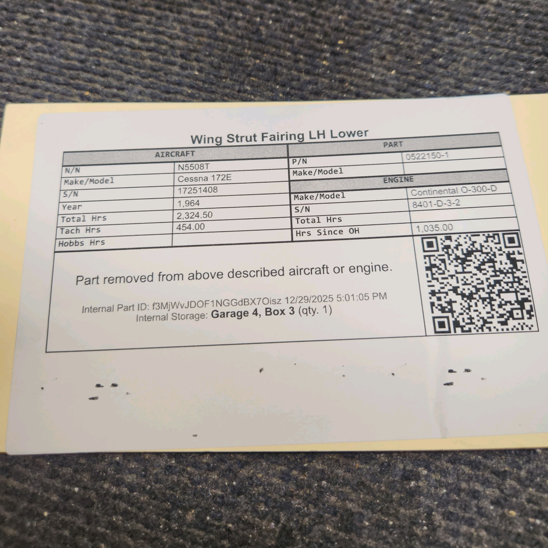 Used aircraft parts for sale, 0522150-1 Cessna 172E Wing Strut Fairing LH Lower