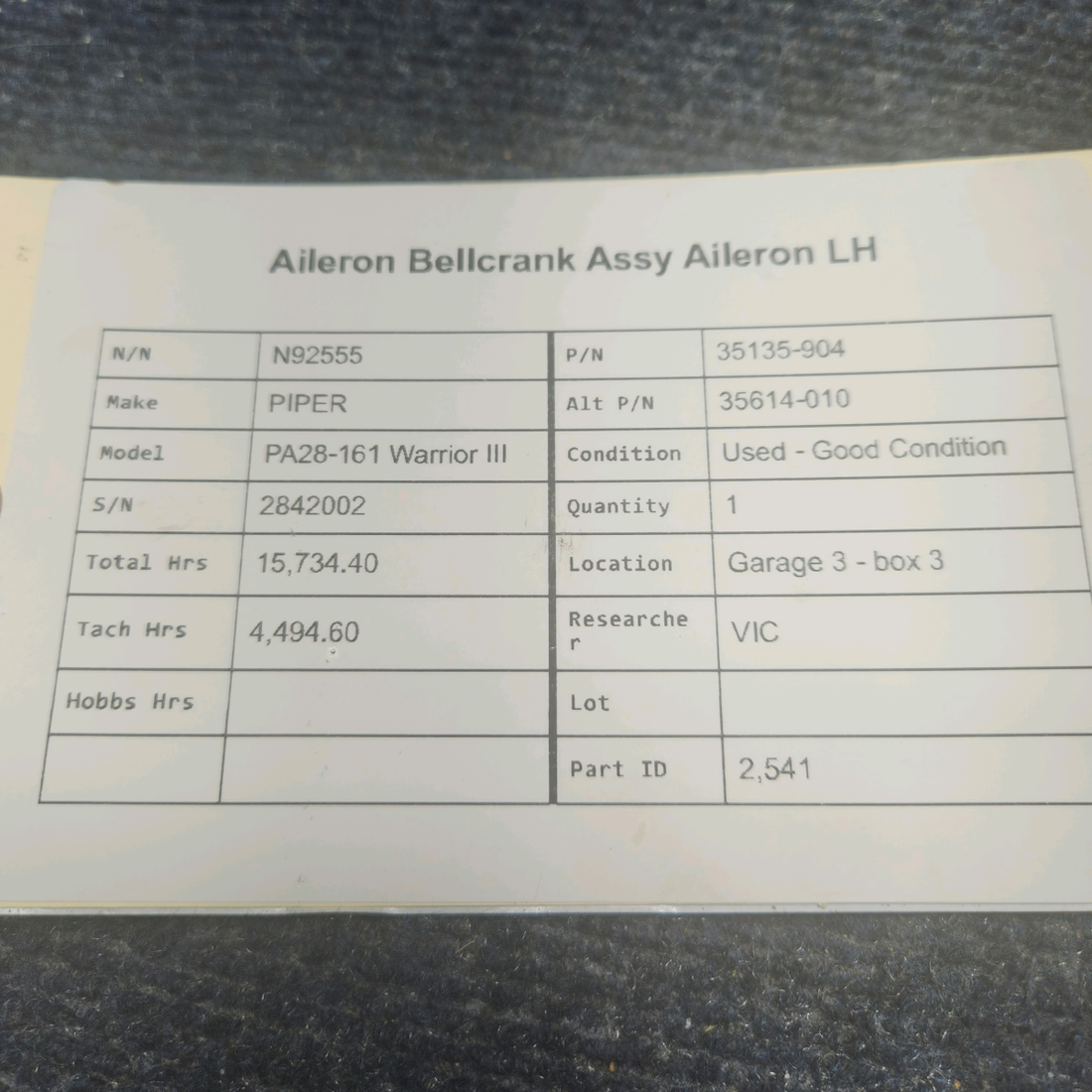 Used aircraft parts for sale, 35135-904 PIPER PA28-161 Warrior III AILERON BELLCRANK ASSY AILERON LH