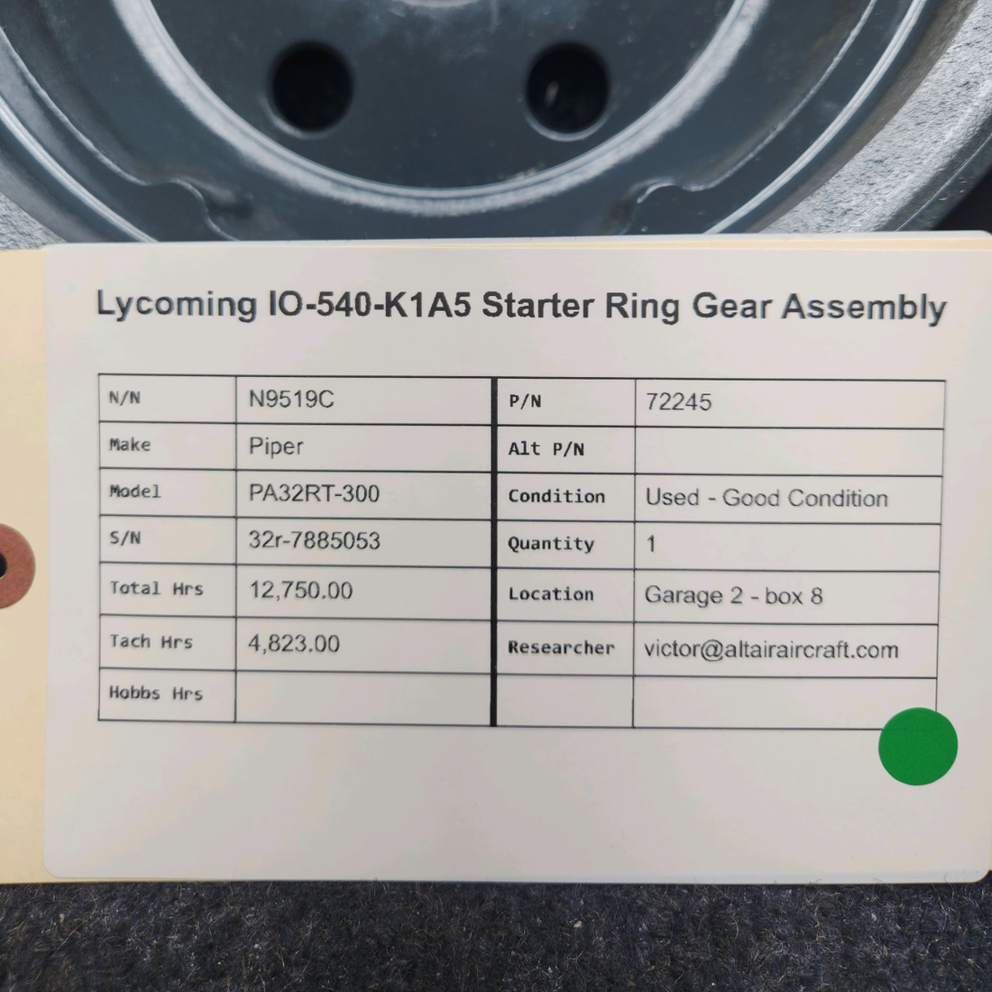 Used aircraft parts for sale, 72245 Lycoming  [part_model] Piper PA32RT-300 IO-540-K1A5 STARTER RING GEAR ASSEMBLY