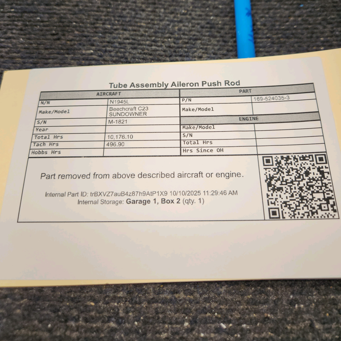 Used aircraft parts for sale, 169-524035-3 Beechcraft C23 SUNDOWNER Aileron Push Rod Tube Assembly