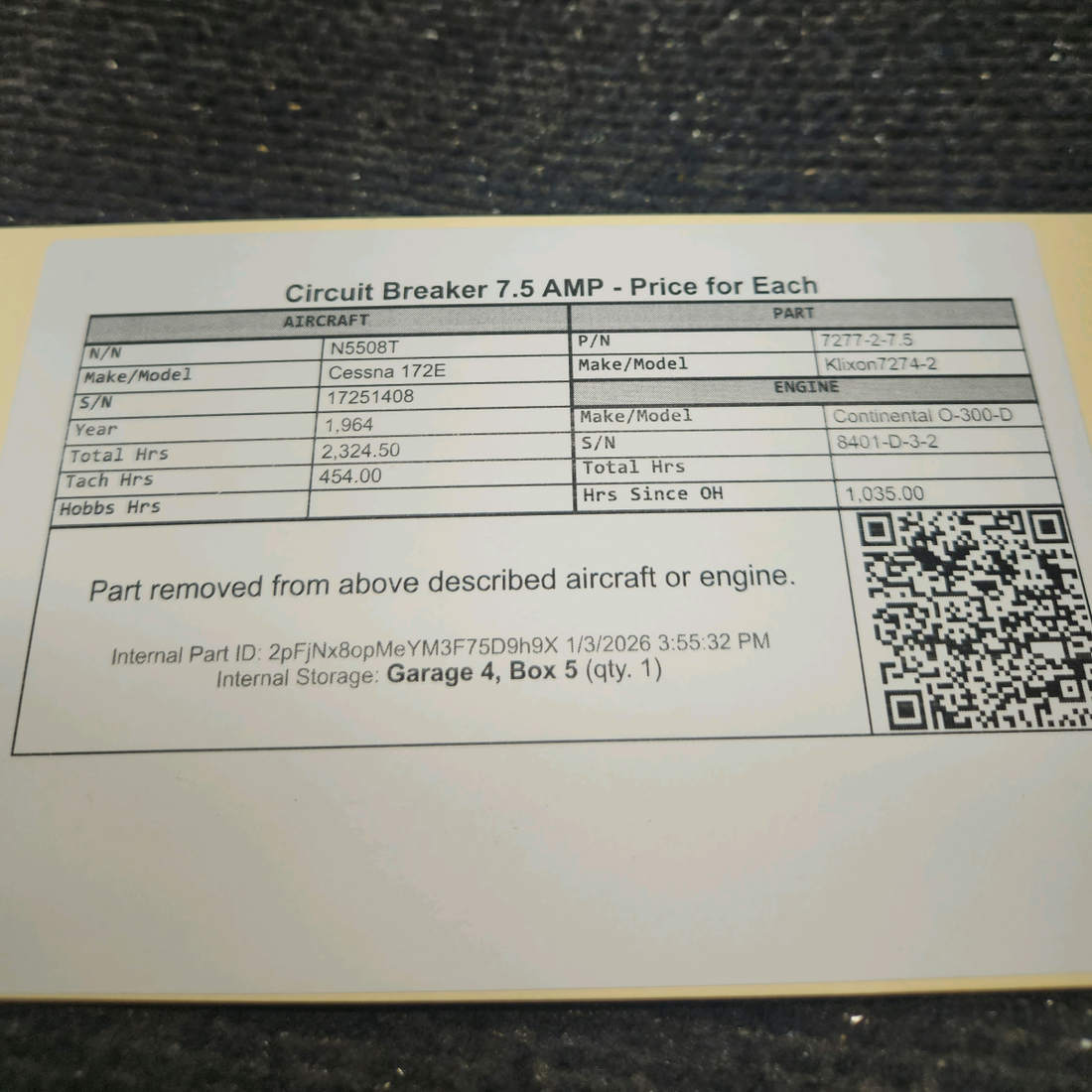Used aircraft parts for sale, 7277-2-7.5 Klixon 7274-2 Cessna 172E Circuit Breaker 7.5 AMP