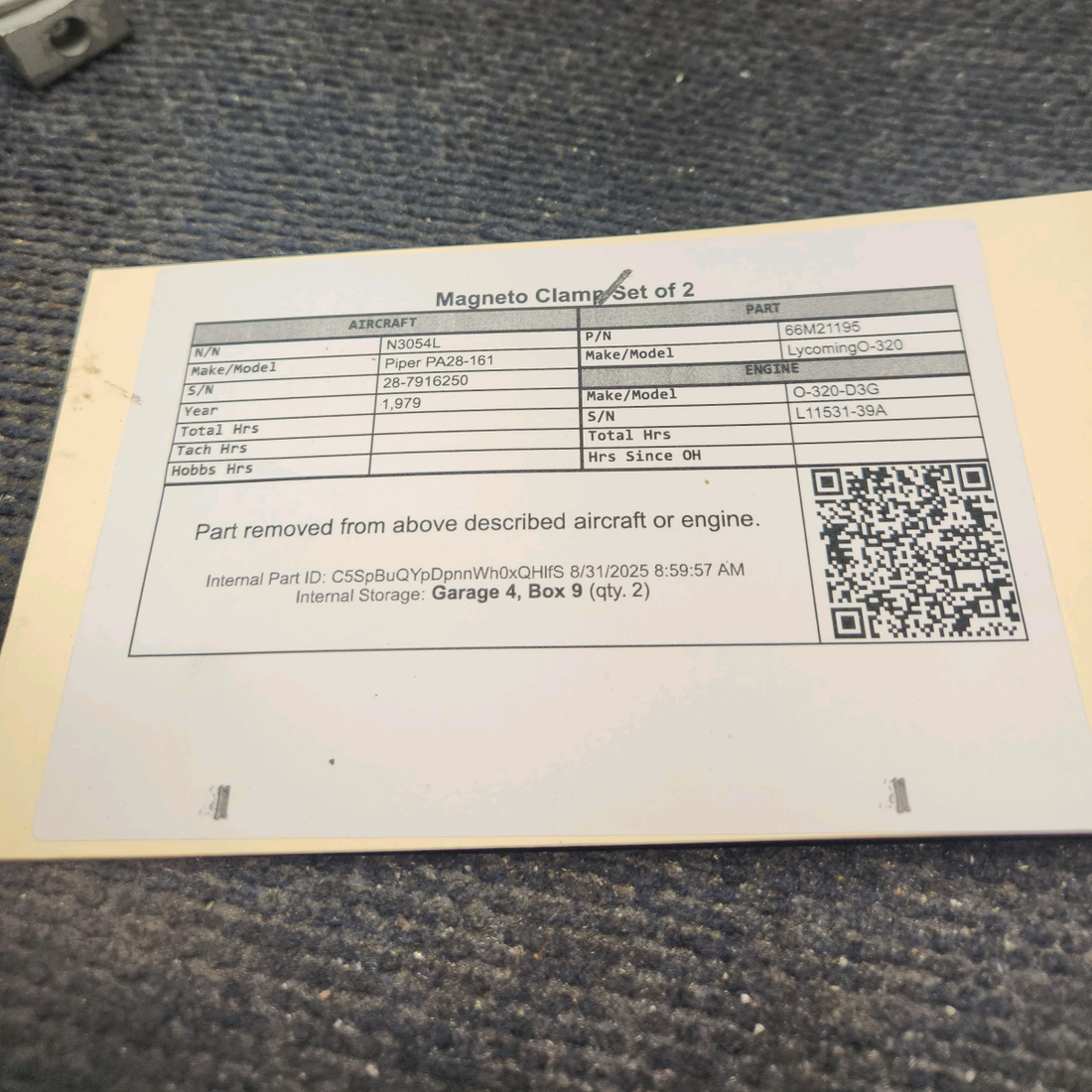 Used aircraft parts for sale, 66M21195 Lycoming O-320 Piper PA28-161 Magneto Clamp - Set of 2
