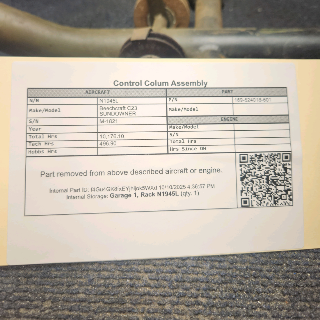 Used aircraft parts for sale, 169-524018-601 Beechcraft C23 SUNDOWNER Control Column Assembly