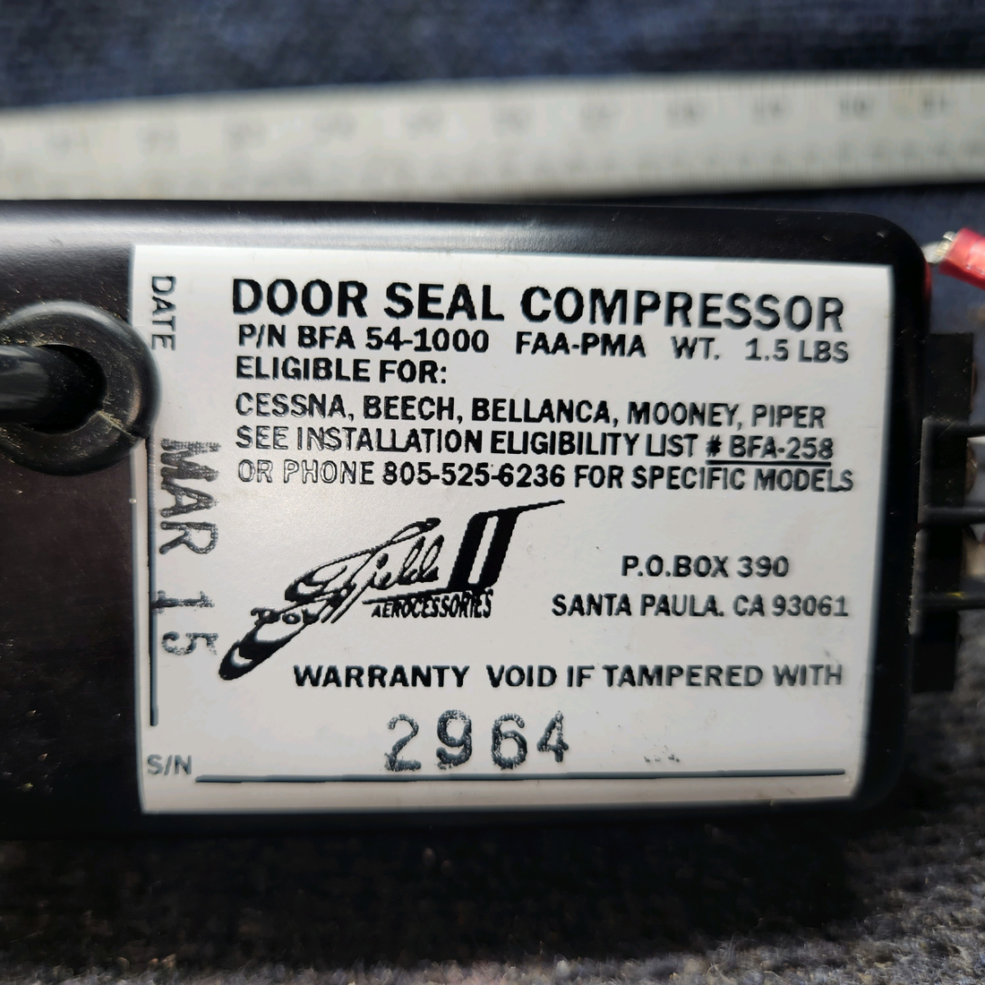 Used aircraft parts for sale, BFA 54-1000 Fields Aerocessories PIPER PA-24-250 Door Seal Compressor - 12-24V