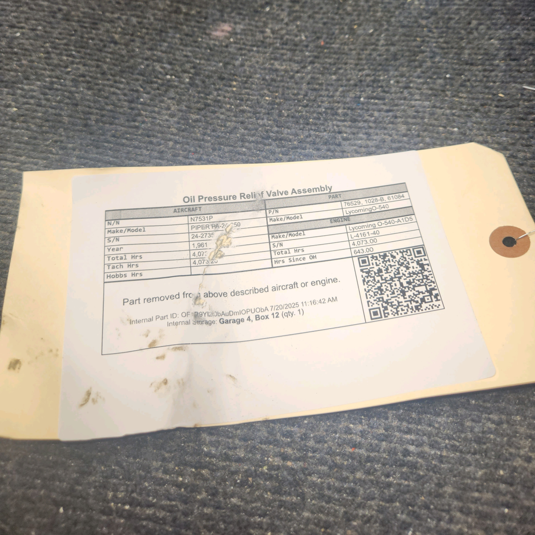 Used aircraft parts for sale, 76529,  1028-B, 61084 Lycoming O-540 PIPER PA-24-250 Oil Pressure Relief Valve Assembly