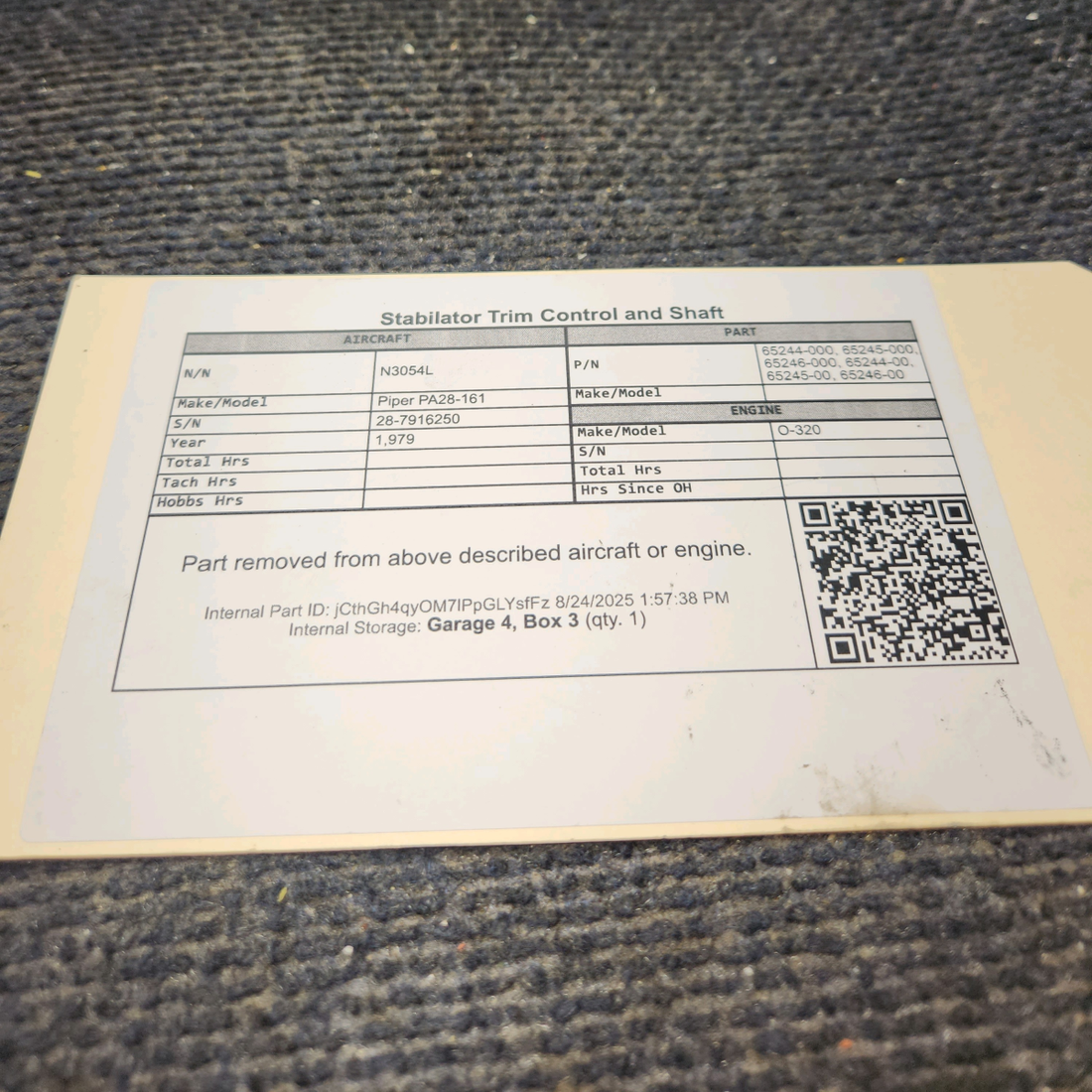 Used aircraft parts for sale, 65244-000, 65245-000, 65246-000 Piper PA28-161 Stabilator Trim Control and Shaft