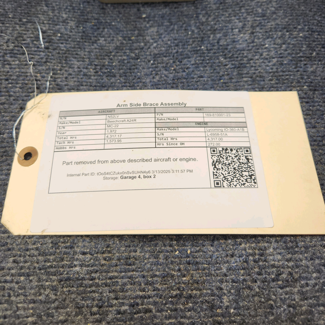 Used aircraft parts for sale, 169-810001-23 Beechcraft A24R Arm Side Brace Assembly