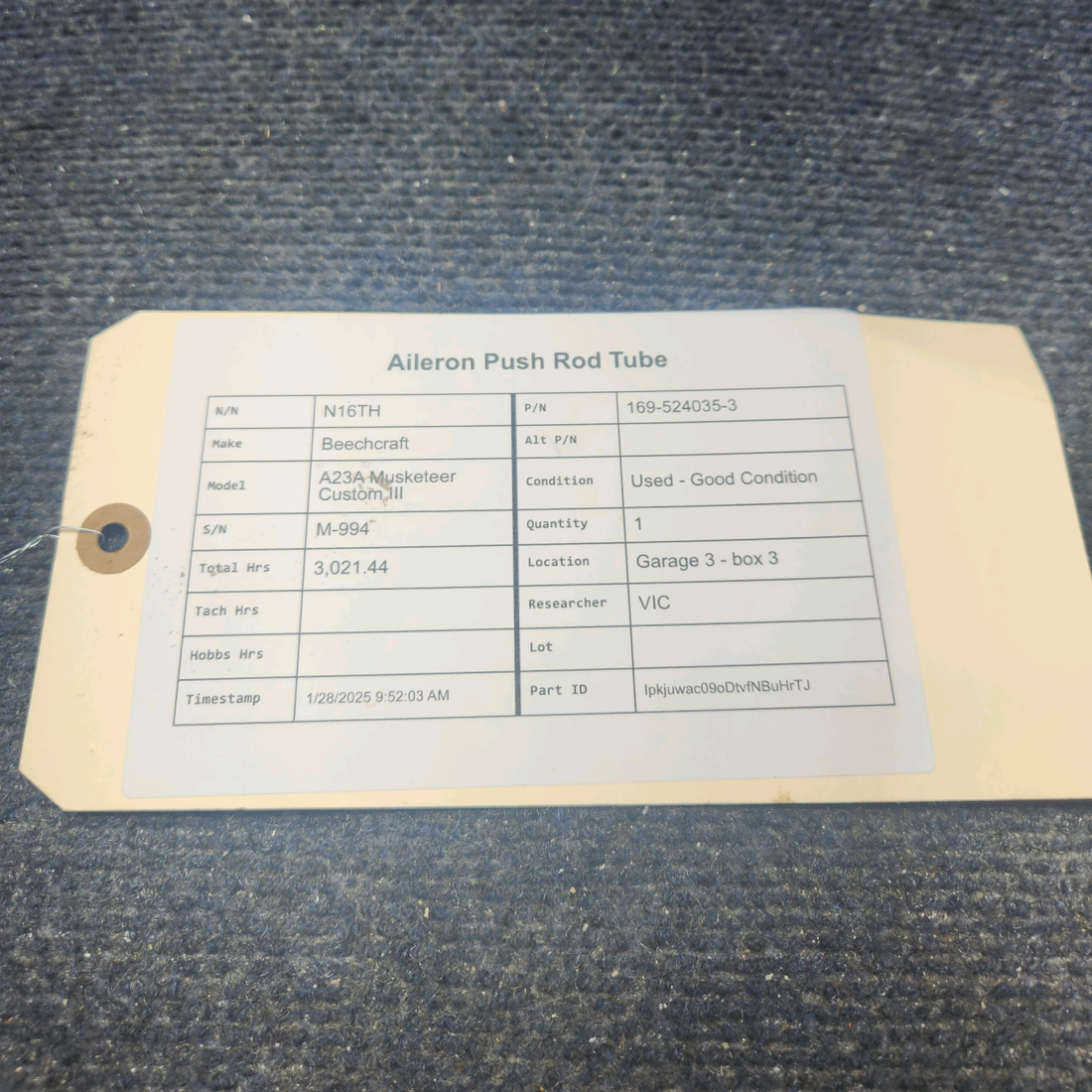 Used aircraft parts for sale, 169-524035-3 Beechcraft A23A Musketeer Custom III AILERON PUSH ROD TUBE